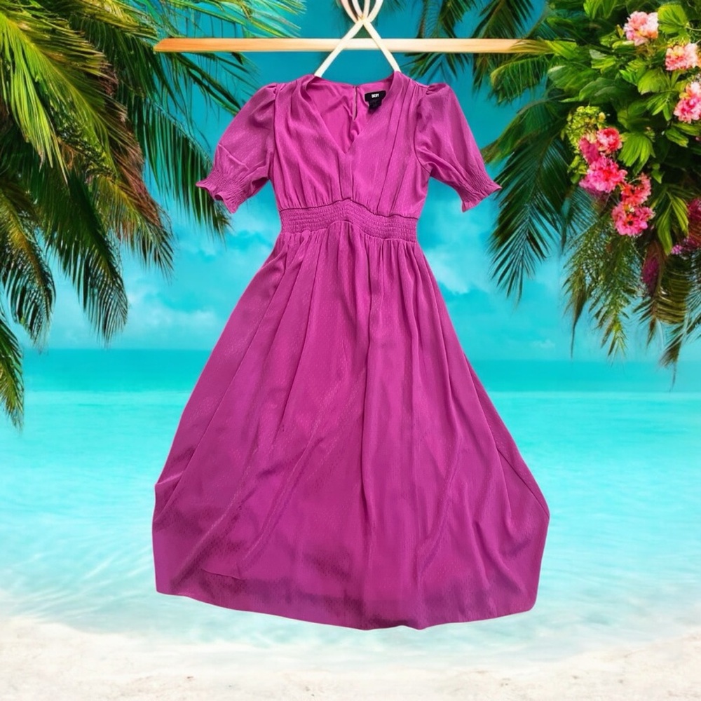 DKNY Women's Fuchsia Puff Sleeve V-Neck Midi - Picture 11 of 16